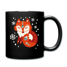 Indlæs billede til gallerivisning Schwarze Tasse mit verträumtem rotem Fuchs und Schneeflocken im Winter
